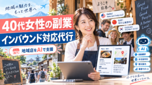 地域の店舗でタブレットを使い外国人旅行者向けの多言語対応をAIで支援する40代女性の副業イメージ