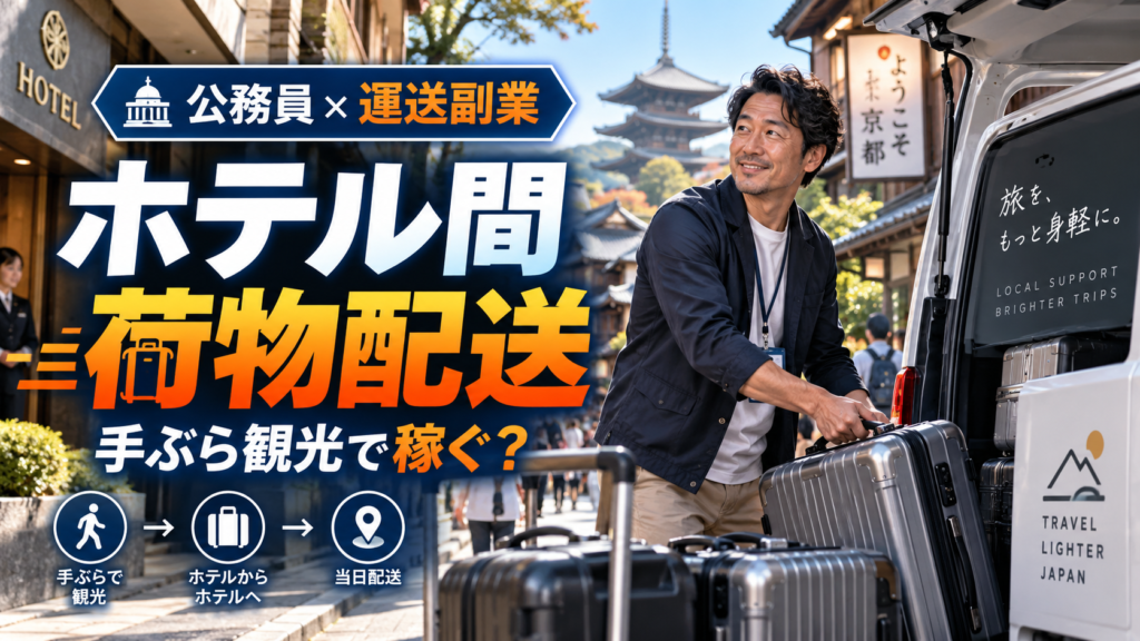 観光地のホテル間で旅行者のスーツケースを軽貨物車へ積み込み週末配送する40代男性の公務員副業イメージ