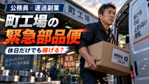 休日に町工場の精密部品を軽貨物車へ積み込み緊急配送する50代男性の公務員副業イメージ