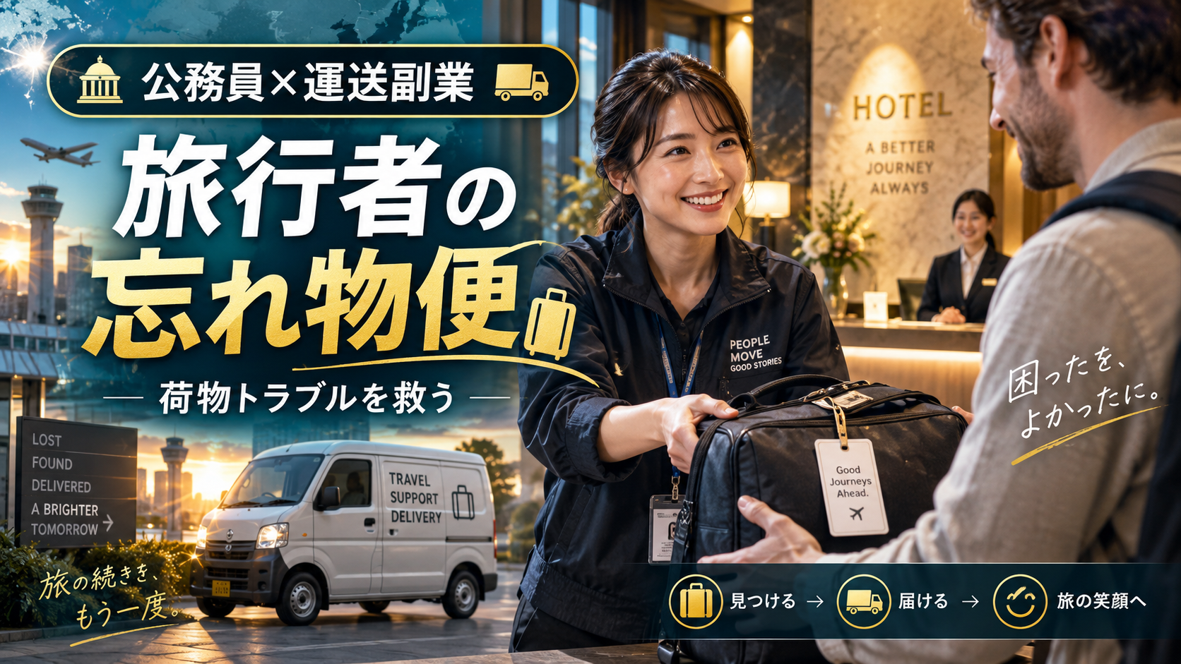 ホテルに忘れた旅行者の荷物を受け取り軽貨物車で次の宿泊先へ届ける30代女性の公務員副業イメージ