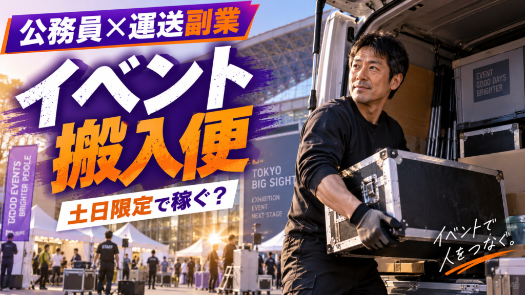 イベント会場で展示用機材や荷物を軽貨物車から搬入する40代男性の公務員副業イメージ