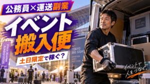 イベント会場で展示用機材や荷物を軽貨物車から搬入する40代男性の公務員副業イメージ