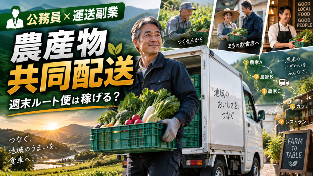 地域の複数農家から野菜を軽貨物車で集荷し飲食店へ共同配送する50代男性の公務員副業イメージ