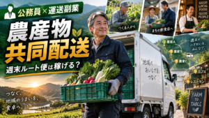 地域の複数農家から野菜を軽貨物車で集荷し飲食店へ共同配送する50代男性の公務員副業イメージ