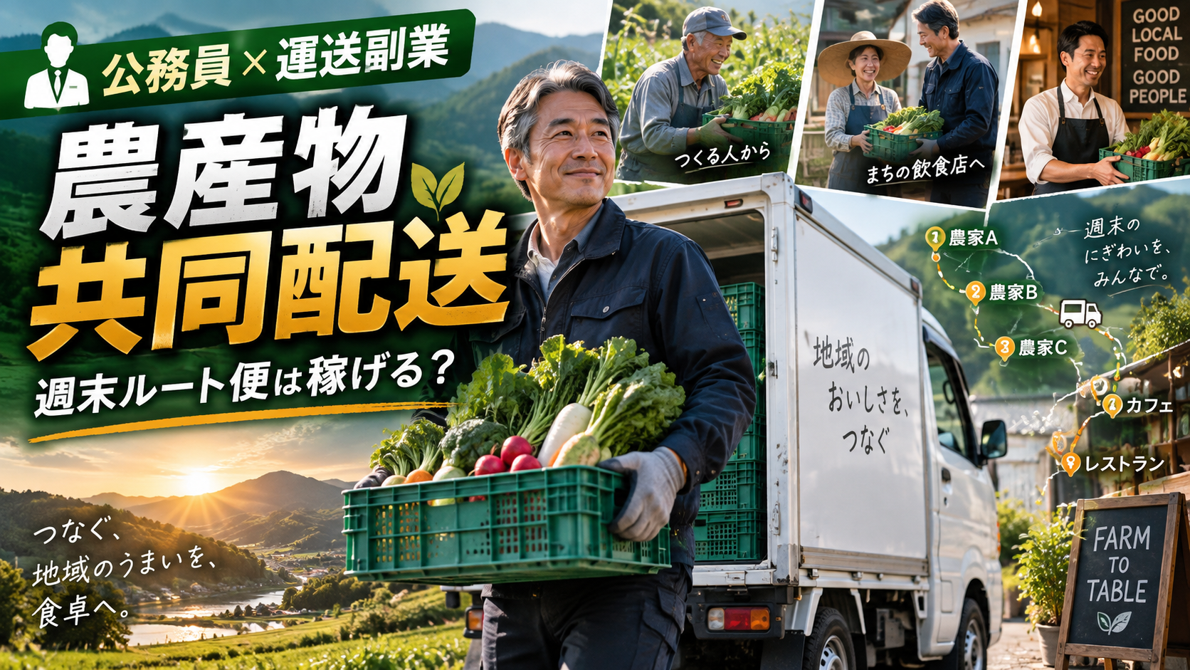 地域の複数農家から野菜を軽貨物車で集荷し飲食店へ共同配送する50代男性の公務員副業イメージ
