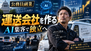 軽貨物車の前に立つ40代男性の国家公務員とAIによる営業・集客を表現した副業イメージ