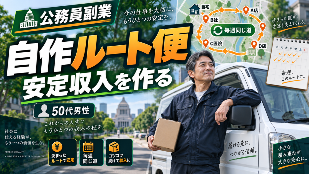 軽貨物車の帰り便に荷物を積み空車時間を収益化する50代男性の国家公務員副業イメージ