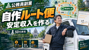 軽貨物車の帰り便に荷物を積み空車時間を収益化する50代男性の国家公務員副業イメージ