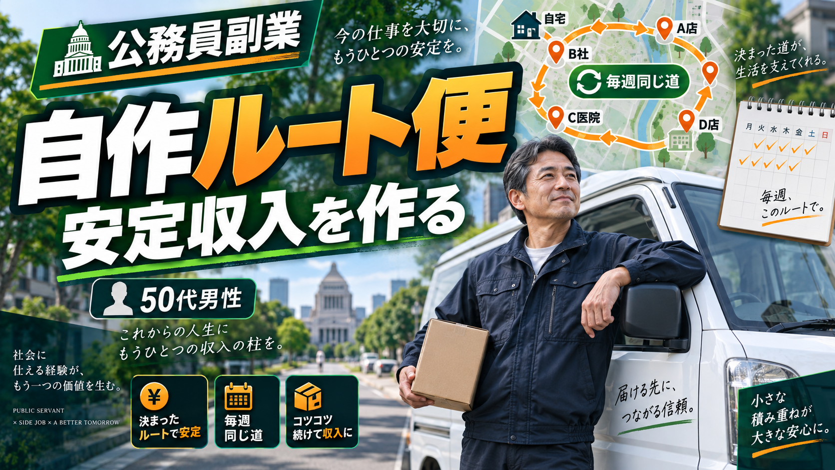軽貨物車の帰り便に荷物を積み空車時間を収益化する50代男性の国家公務員副業イメージ