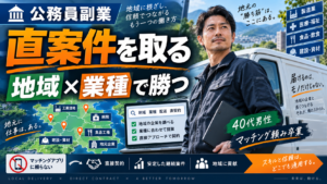 地域地図と業種別の顧客候補を確認しながら軽貨物の直案件を獲得する40代男性の国家公務員副業イメージ