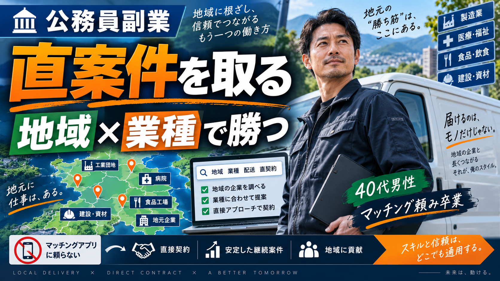 地域地図と業種別の顧客候補を確認しながら軽貨物の直案件を獲得する40代男性の国家公務員副業イメージ