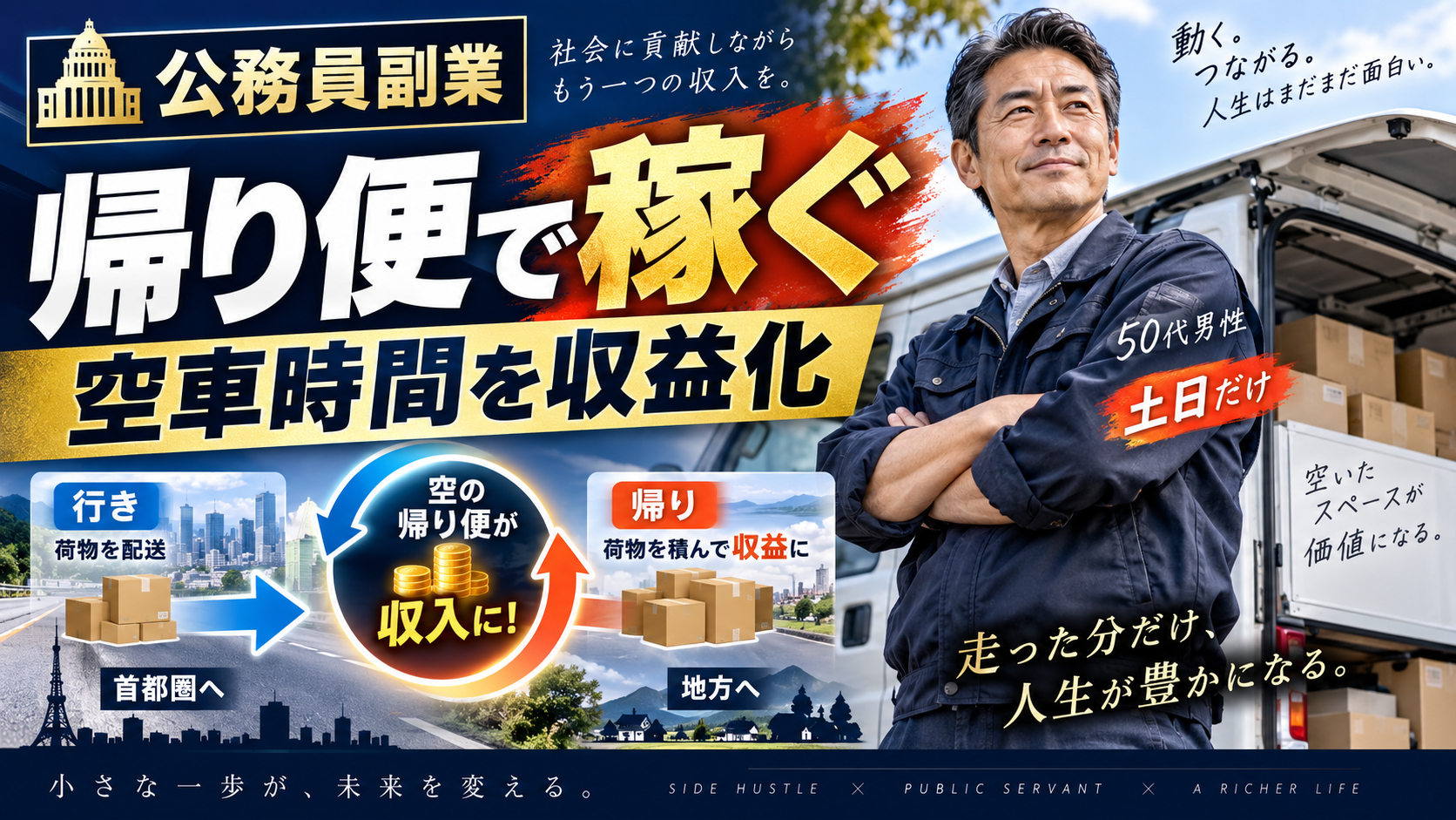 毎週決まった軽貨物配送ルートを走り安定収入を作る50代男性の国家公務員副業イメージ