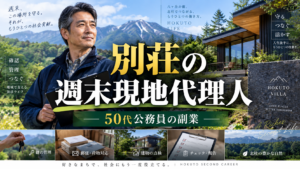 八ヶ岳の山並みと別荘を背景に巡回チェックを行う北杜市在住50代男性公務員の副業イメージ