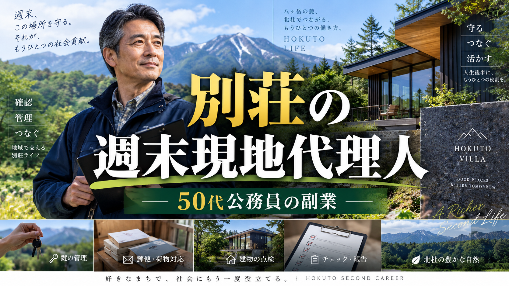 八ヶ岳の山並みと別荘を背景に巡回チェックを行う北杜市在住50代男性公務員の副業イメージ