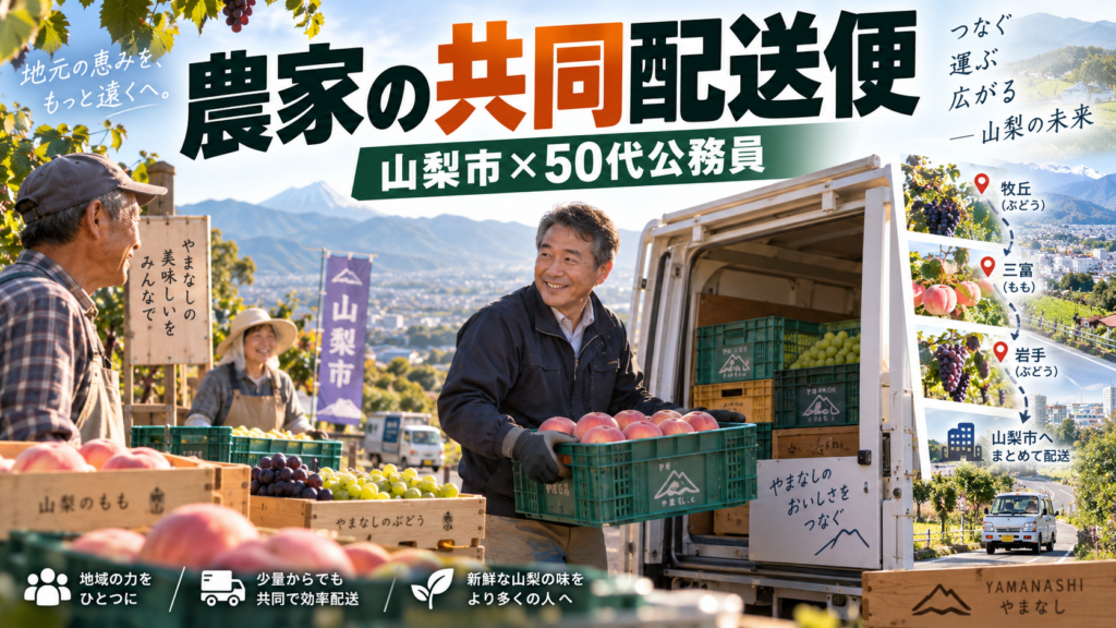 山梨市のぶどう畑と桃農家を軽貨物車で回り共同配送する50代男性公務員の副業イメージ
