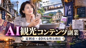 足利市の歴史的な街並みと銘仙を背景にスマートフォンでAI観光コンテンツを制作する40代女性公務員の副業イメージ