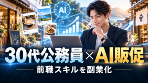 民間企業で培ったWebマーケティング経験をAI販促の副業へ転換する30代国家公務員のイメージ