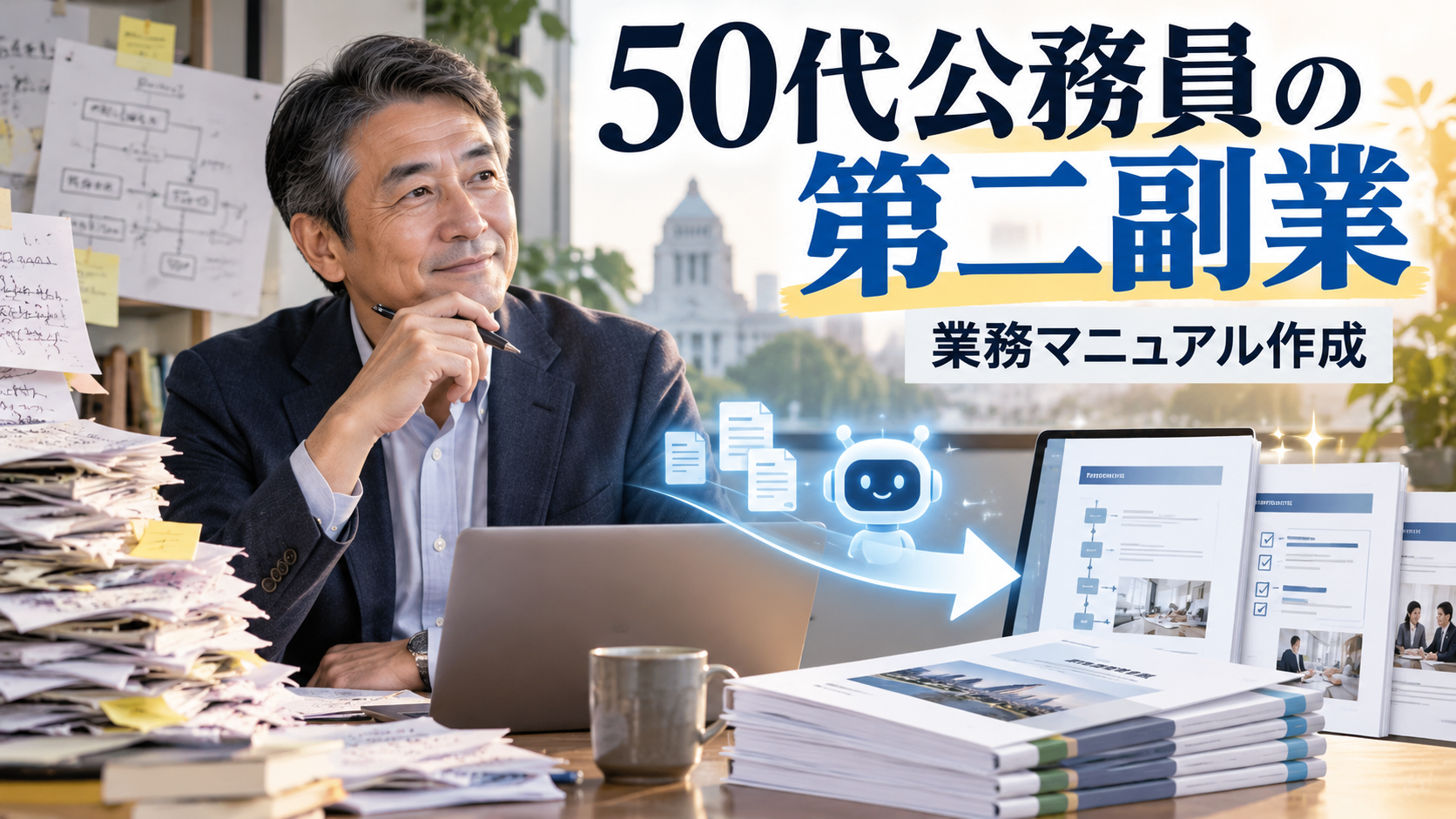 長年の業務経験を生かして中小企業向け業務マニュアルを作成する50代国家公務員の副業イメージ