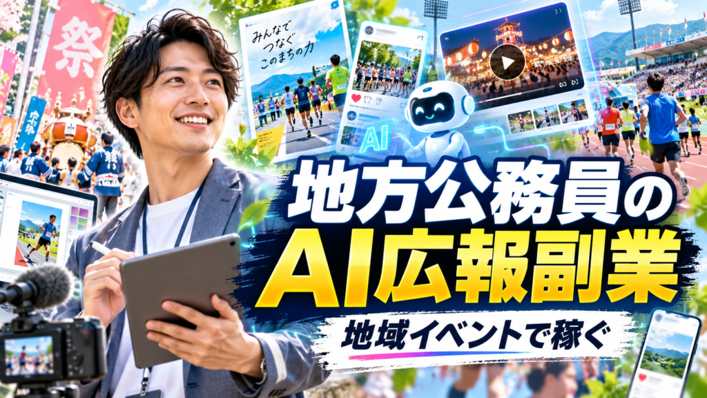 地域スポーツ大会やイベントのSNS・動画・告知制作をAIで支援する30代地方公務員の副業イメージ