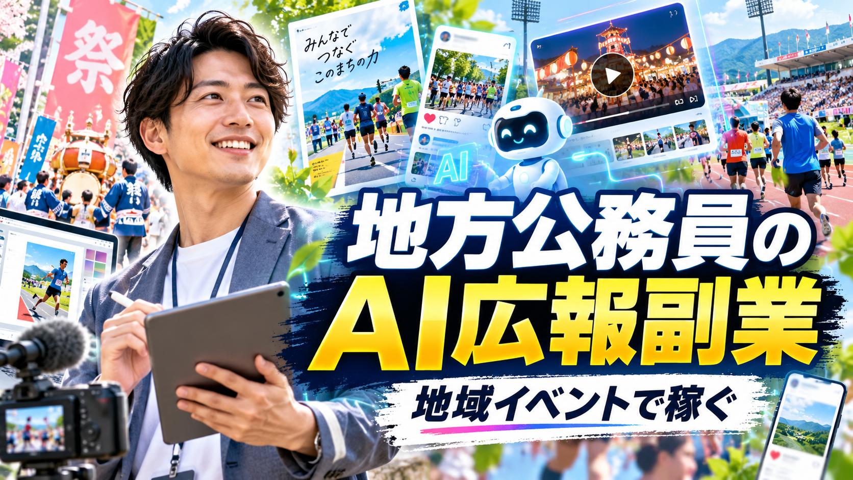 地域スポーツ大会やイベントのSNS・動画・告知制作をAIで支援する30代地方公務員の副業イメージ