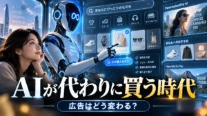 Meta MuseのAIエージェントが利用者に代わって商品を比較して購入する未来と広告の変化を表したイメージ